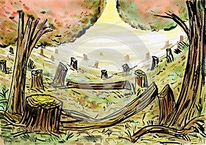 Denuded Forest with Trees Cut Watercolor Illustration