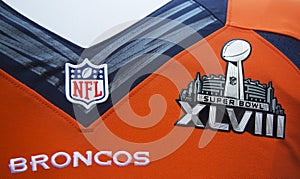 Denver Broncos team uniform with Super Bowl XLVIII logo presented during Super Bowl XLVIII week in Manhattan