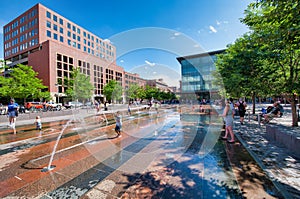 DENVER, CO - JULY 3, 2019: Union Station square and fountains on a beautiful summer day. Denver is the main city of Colorado