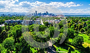 Denver Colorado Skyline Cityscape aerial drone views above City Gree Space photo