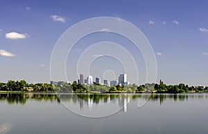 Denver, Colorado City Skyline Reflecting on Sloan`s Lake