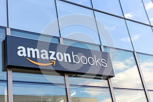 Amazon Books physical retail location building sign on the bookstore glass faÃÂ§ade