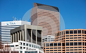 Denver modern skyline seen from the Civic Center Park on a sunny day