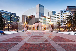 Denver, Colorado, USA downtown cityscape in Civic Center Park