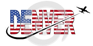 Denver flag text with plane and swoosh illustration