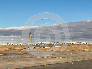 Denver International Airport Outside View of Control Tower and Jeppesen Terminal from runway