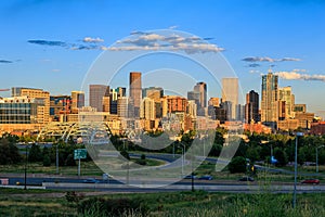 Denver skyline long exposure at twilight.