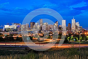 Denver skyline long exposure at twilight.