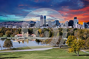 Denver Skyline and Mountains Beyond Lake