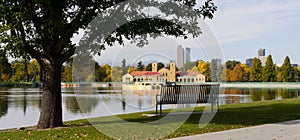 Denver skyline with Park Bench and Lake