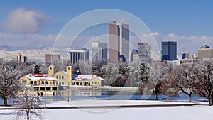 Denver skyline in winter snow zoom out