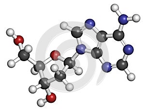 Deoxyadenosine (dA) nucleoside molecule. DNA building block. Atoms are represented as spheres with conventional color coding: