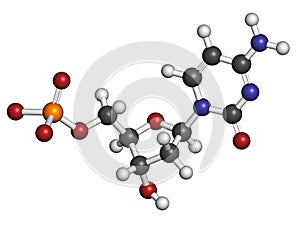 Deoxycytidine monophosphate (dCMP) nucleotide molecule. DNA building block. Atoms are represented as spheres with conventional photo