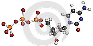 Deoxycytidine triphosphate (dCTP) nucleotide molecule. DNA building block. Atoms are represented as spheres with conventional photo