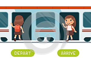 Depart and arrive antonyms word card vector template. Flashcard for english language learning. photo