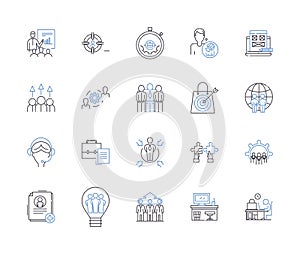 Department cooperation outline icons collection. Coordination, Partnership, Joint, Alliance, Linkage, Unison, Alignment