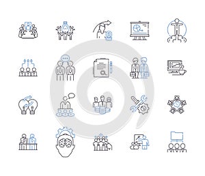 Department cooperation outline icons collection. Coordination, Partnership, Joint, Alliance, Linkage, Unison, Alignment