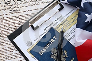 Department of State form DS11 Application for a U.S. Passport lies on table and ready to fill