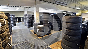 Department store with car tyres in a garage - tyre change