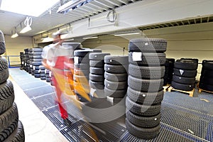 Department store with car tyres in a garage - tyre change