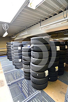 Department store with car tyres in a garage - tyre change