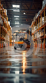 Department stores vast storage facility features forklift in full productive swing