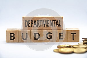 Departmental budget text engraved on wooden blocks on white background cover. Business and budgeting concept