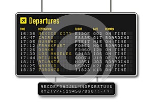 Departure and arrival board, airline scoreboard with digital led letters. Flight information display system in airport