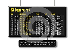 Departure and arrival board, airline scoreboard with digital led letters. Flight information display system in airport