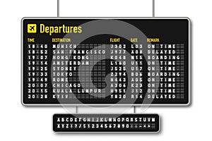 Departure and arrival board, airline scoreboard, mechanical split flap display. Flight information display system