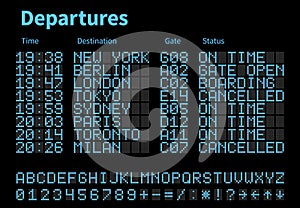 Departures and arrivals airport digital board vector template. Airline scoreboard with led letters and numbers