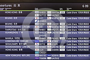 Departures display board showing international destinations flights