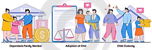 Dependant family member, adoption of a child, child custody concept with tiny people. Family law vector illustration set. Alimony