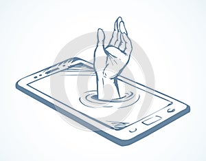 Dependence on the phone. Hand drowning in the screen. Vector drawing