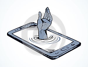 Dependence on the phone. Hand drowning in the screen. Vector drawing