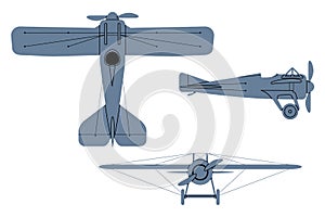 Silhouette of French Racer Aircraft (1913). Top, Side, Front View. Vintage airplane.