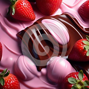 depict the contrasting textures of smooth chocolate and juicy strawberry in a close up composition