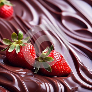 depict the contrasting textures of smooth chocolate and juicy strawberry in a close up composition