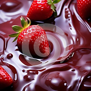 depict the contrasting textures of smooth chocolate and juicy strawberry in a close up composition