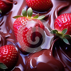 depict the contrasting textures of smooth chocolate and juicy strawberry in a close up composition