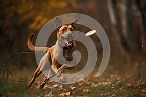 Depict a joyful dog chasing and catching a Frisbee thrown by its owner