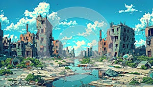 Depict a post-apocalyptic wasteland with distorted perspectives in an abstract art form to convey a sense of unease photo