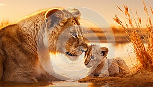 Depict a protective lioness tenderly grooming her playful lion cub