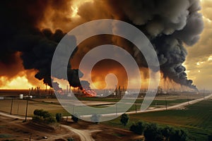 Depicting the environmental consequences of burning oil wells, with dark clouds of pollution and toxic smoke, highlighting the