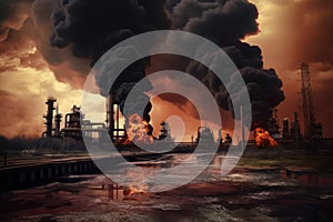Depicting the environmental consequences of burning oil wells, with dark clouds of pollution and toxic smoke, highlighting the