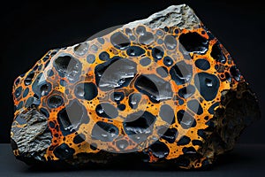 Depicting a the meteorite is covered with dark orange and black spots, resembling leopard print patterns on its surface. the photo