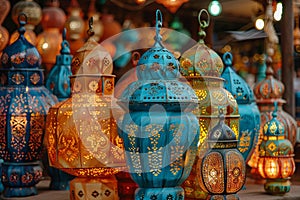 Depicting a moroccan lanterns in myriads of colours, high quality, high resolution photo