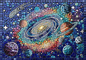 Depicting a stylized outer space scene, featuring a galaxy at