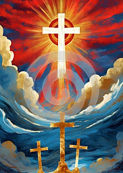 A depiction of Christ coming to save the world. Three crosses serve as a backdrop with stormy blue gold and red clouds.