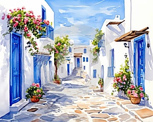 depiction of a Greek street in the summer.
